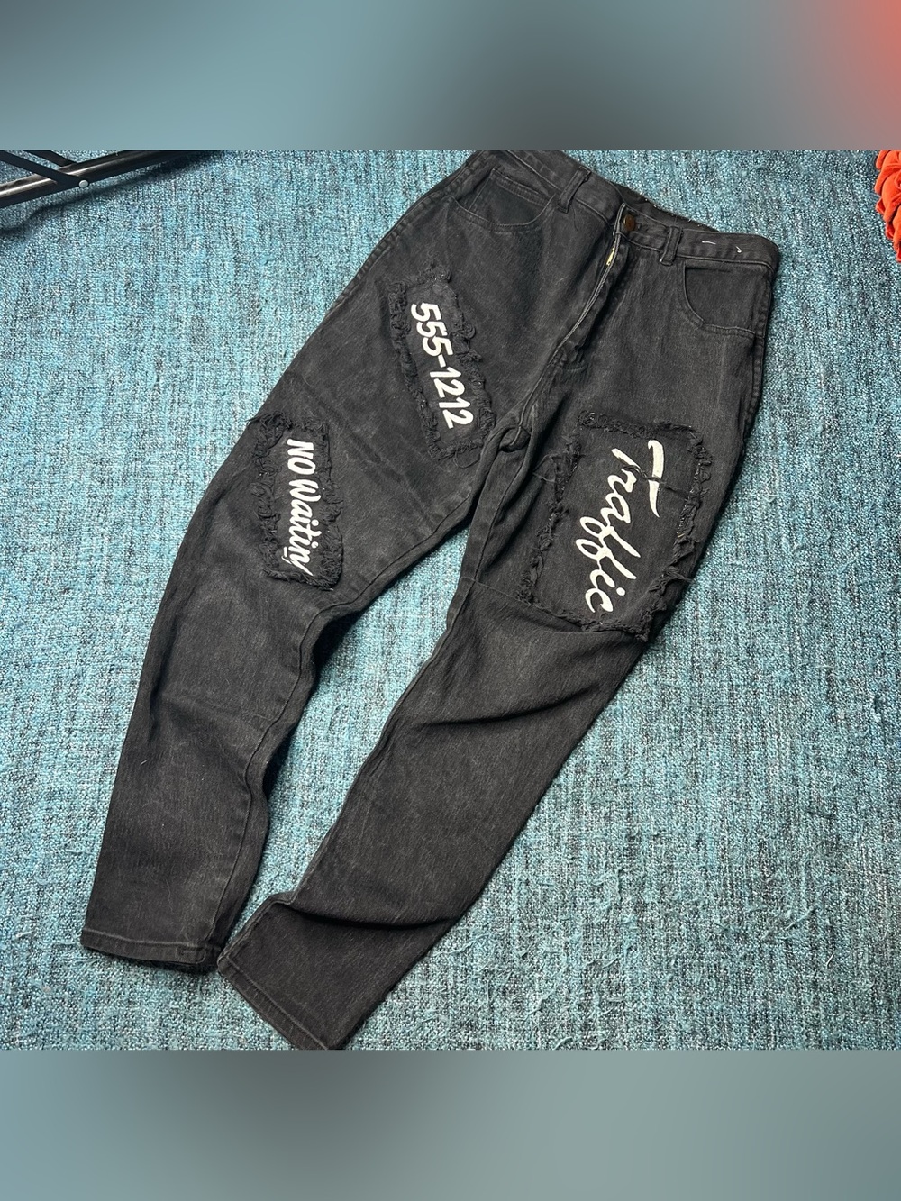 Vintage 80s Traffic High Rise Washed Black Jeans Size 11/12 Embroidered Patches